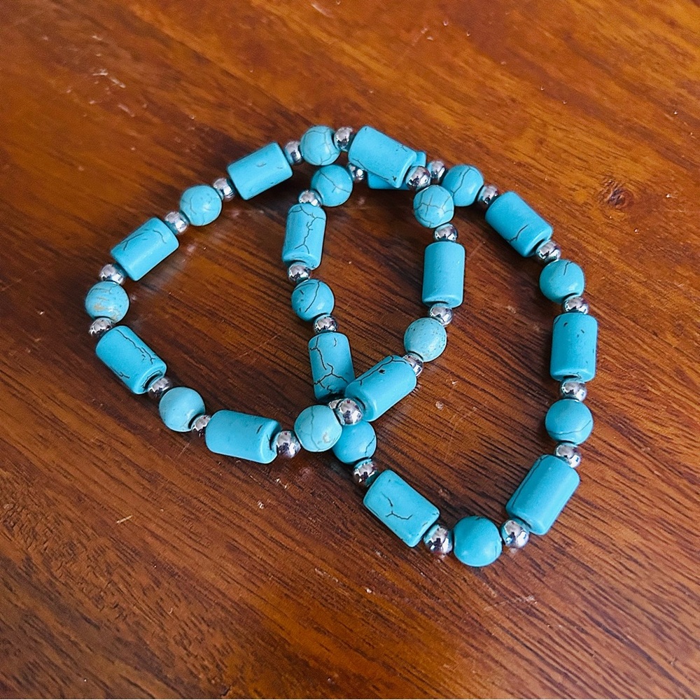 Set of 2x Stretch Turquoise-Style Beaded Bracelet